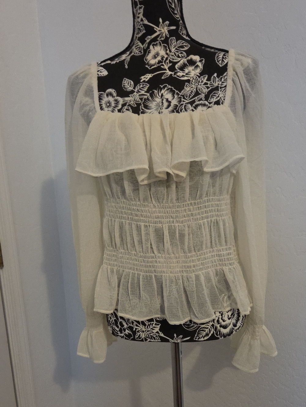 H&M Cream Ruffle Smocked Long-Sleeve Blouse